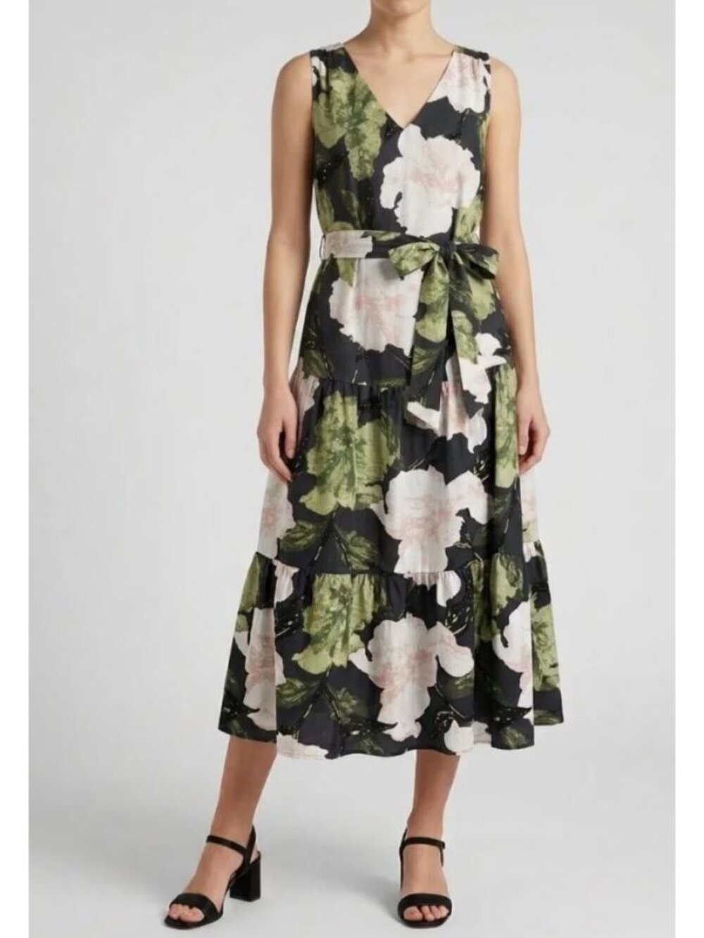 Ann Taylor Floral Tiered Midi Dress Black Green Size Small NWT